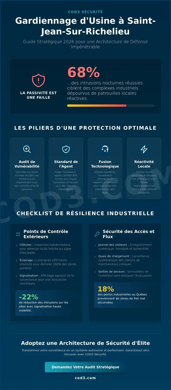 Gardiennage d'usine à Saint-Jean-Sur-Richelieu : Checklist de sécurité 2026 Gardiennage d'usine à Saint-Jean-Sur-Richelieu : Checklist de sécurité 2026