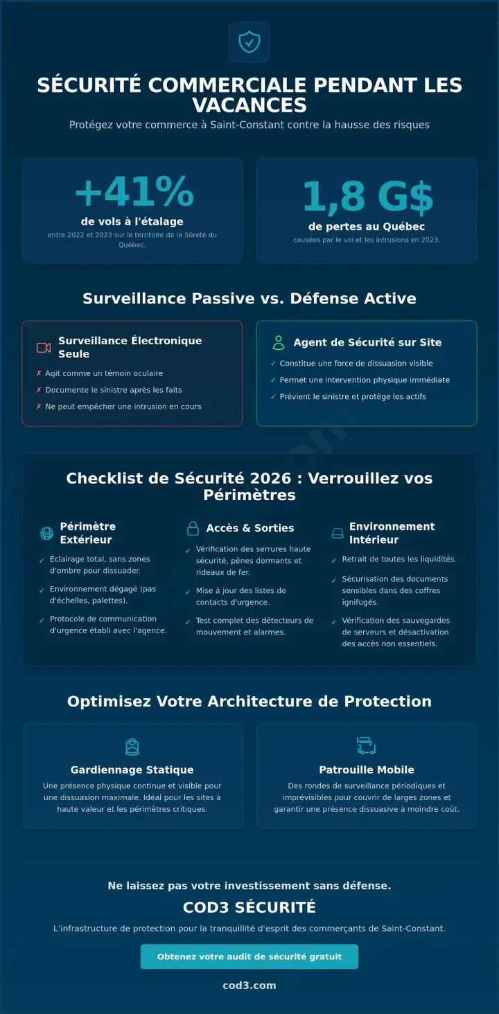 Gardiennage de commerce pendant les vacances à Saint-Constant : Checklist de sécurité 2026 Gardiennage de commerce pendant les vacances à Saint-Constant : Checklist de sécurité 2026
