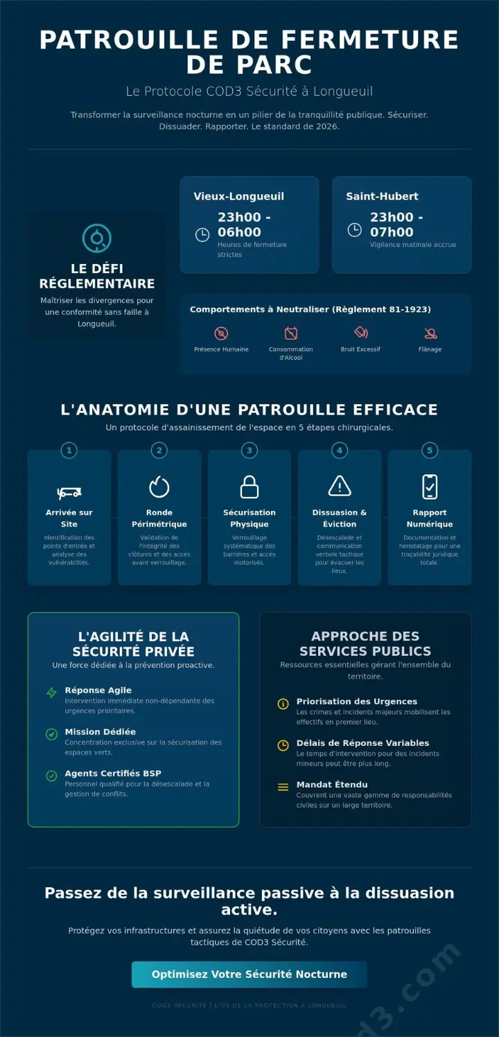 Patrouille de fermeture de parc à Longueuil : Sécuriser l'espace public en 2026 Patrouille de fermeture de parc à Longueuil : Sécuriser l'espace public en 2026
